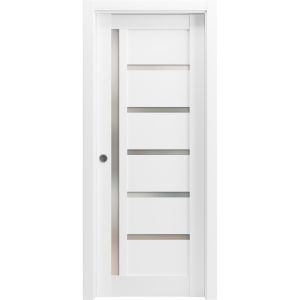 Panel Lite Pocket Door | Quadro 4088 White Silk with Frosted Glass | Kit Trims Rail Hardware | Solid Wood Interior Pantry Kitchen Bedroom Sliding Closet Sturdy Doors