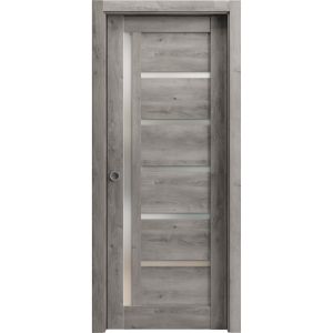 Sliding French Pocket Door | Quadro 4088 Nebraska Grey with Frosted Glass | Kit Trims Rail Hardware | Solid Wood Interior Bedroom Sturdy Doors