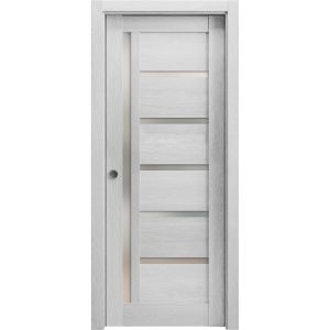 Sliding French Pocket Door | Quadro 4088 Light Grey Oak with Frosted Glass | Kit Trims Rail Hardware | Solid Wood Interior Bedroom Sturdy Doors