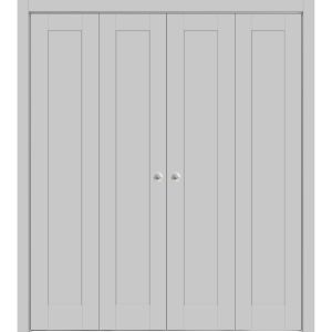 Sliding Closet Double Bi-fold Doors | Quadro 4111 Matte Grey with Glass | Sturdy Tracks Moldings Trims Hardware Set | Wood Solid Bedroom Wardrobe Doors 