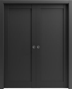 French Double Pocket Doors | Quadro 4111 Matte Black | Kit Trims Rail Hardware | Solid Wood Interior Pantry Kitchen Bedroom Sliding Closet Sturdy Door