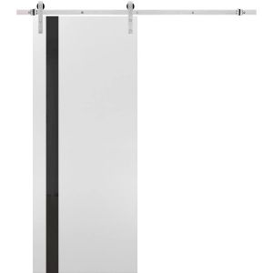 Sturdy Barn Door | Planum 0040 White Silk with Black Glass | Silver 6.6FT Rail Hangers Heavy Hardware Set | Solid Panel Interior Doors