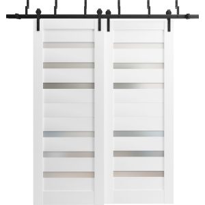 Sliding Closet Barn Bypass Doors | Quadro 4266 White Silk with Frosted Glass | Sturdy 6.6ft Rails Hardware Set | Wood Solid Bedroom Wardrobe Doors 