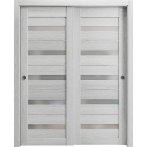 Sliding Closet Bypass Doors | Quadro 4445 Light Grey Oak with Frosted Glass | Sturdy Rails Moldings Trims Hardware Set | Wood Solid Bedroom Wardrobe Doors 