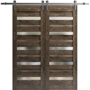 Sturdy Double Barn Door | Quadro 4445 Cognac Oak with Frosted Glass | Silver 13FT Rail Hangers Heavy Set | Solid Panel Interior Doors
