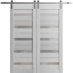 Sturdy Double Barn Door | Quadro 4445 Light Grey Oak with Frosted Glass | Silver 13FT Rail Hangers Heavy Set | Solid Panel Interior Doors