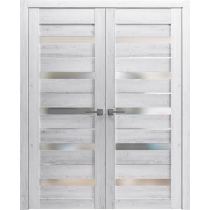 Solid French Double Doors | Quadro 4445 Nordic White with Frosted Glass | Wood Solid Panel Frame Trims | Closet Bedroom Sturdy Doors 