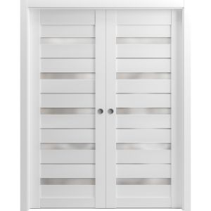 Sliding French Double Pocket Doors | Quadro 4445 White Silk with Frosted Glass | Kit Trims Rail Hardware | Solid Wood Interior Bedroom Sturdy Doors