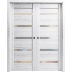 Sliding French Double Pocket Doors | Quadro 4445 Nordic White with Frosted Glass | Kit Trims Rail Hardware | Solid Wood Interior Bedroom Sturdy Doors