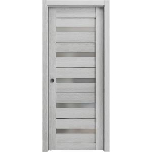 Sliding French Pocket Door | Quadro 4445 Light Grey Oak with Frosted Glass | Kit Trims Rail Hardware | Solid Wood Interior Bedroom Sturdy Doors