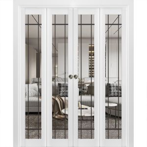 Sliding Closet Double Bi-fold Doors | Lucia 2266 White Silk with Clear Glass | Sturdy Tracks Moldings Trims Hardware Set | Wood Solid Bedroom Wardrobe Doors 