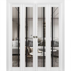 Sliding Closet Double Bi-fold Doors | Lucia 2566 White Silk with Clear Glass and Aluminum Strips | Sturdy Tracks Moldings Trims Hardware Set | Wood Solid Bedroom Wardrobe Doors