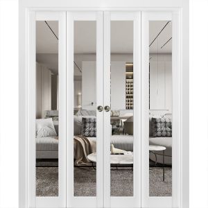 Sliding Closet Double Bi-fold Doors | Lucia 2666 White Silk with Clear Glass | Sturdy Tracks Moldings Trims Hardware Set | Wood Solid Bedroom Wardrobe Doors 