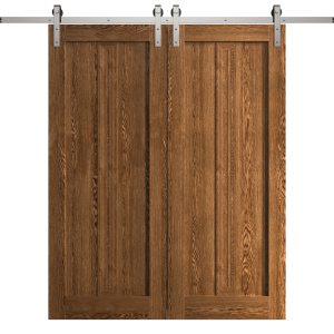 Modern Double Barn Door 36 x 80 inches | Ego 5006 Cognac Oak | 13FT Silver Rail Track Set | Solid Panel Interior Doors