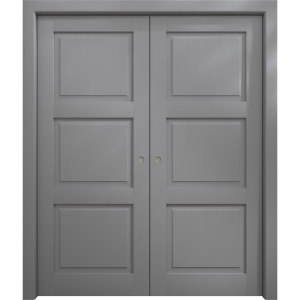Sliding French Double Pocket Doors 36 x 80 inches | Ego 5010 Painted Grey Oak | Kit Rail Hardware | Solid Wood Interior Bedroom Modern Doors