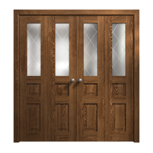 Sliding Closet Double Bi-fold Doors 72 x 80 inches | Ego 5011 Cognac Oak | Sturdy Tracks Moldings Trims Hardware Set | Wood Solid Bedroom Wardrobe Doors