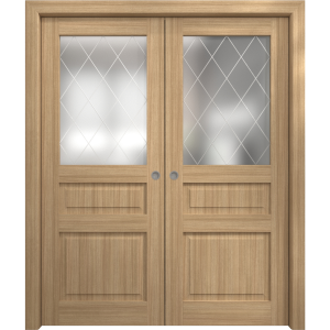 Sliding French Double Pocket Doors 36 x 80 inches | Ego 5011 Natural Oak | Kit Rail Hardware | Solid Wood Interior Bedroom Modern Doors