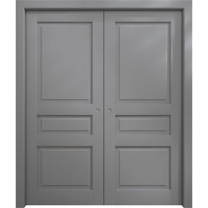 Sliding French Double Pocket Doors 36 x 80 inches | Ego 5012 Painted Grey Oak | Kit Rail Hardware | Solid Wood Interior Bedroom Modern Doors