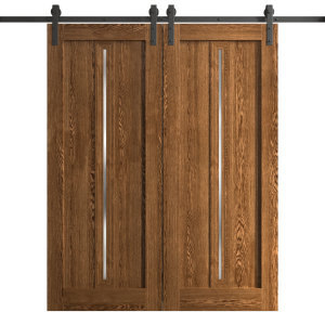 Modern Double Barn Door 36 x 80 inches | Ego 5014 Cognac Oak | 13FT Rail Track Set | Solid Panel Interior Doors