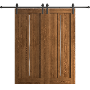 Modern Double Barn Door 36 x 80 inches | Ego 5014 Cognac Oak | 13FT Rail Track Set | Solid Panel Interior Doors