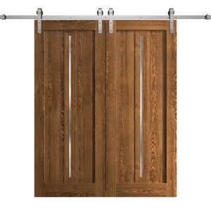 Modern Double Barn Door 36 x 80 inches | Ego 5014 Cognac Oak | 13FT Silver Rail Track Set | Solid Panel Interior Doors