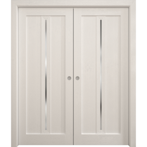 Sliding French Double Pocket Doors 36 x 80 inches | Ego 5014 Painted White Oak | Kit Rail Hardware | Solid Wood Interior Bedroom Modern Doors