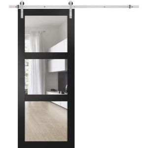 Sturdy Barn Door with Hardware | Lucia 2555 Matte Black with Clear Glass | 6.6FT Rail Hangers Heavy Set | Solid Panel Interior Doors