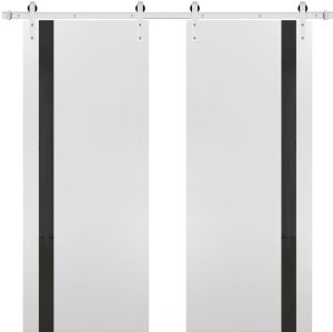 Sturdy Double Barn Door with | Planum 0040 White Silk with Black Glass | 13FT Rail Hangers Heavy Set | Solid Panel Interior Doors-36" x 84" (2* 18x84)