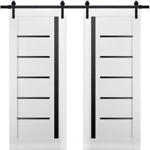 Sturdy Double Barn Door | Quadro 4588 White Silk with Black Glass | 13FT Rail Hangers Heavy Set | Solid Panel Interior Doors