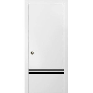 Sliding French Pocket Door with | Planum 0012 White Silk and Aluminum Strips | Kit Trims Rail Hardware | Solid Wood Interior Bedroom Sturdy Doors