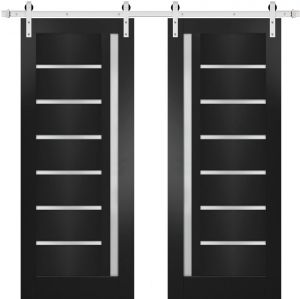 Sturdy Double Barn Door with | Quadro 4088 Matte Black with Frosted Glass | Silver 13FT Rail Hangers Heavy Set | Solid Panel Interior Doors