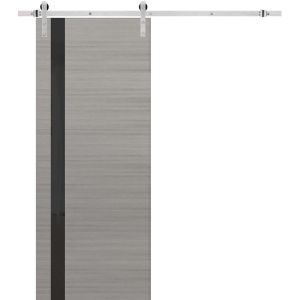 Sturdy Barn Door | Planum 0040 Grey Oak with Black Glass | Silver 6.6FT Rail Hangers Heavy Hardware Set | Solid Panel Interior Doors
