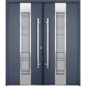 Front Exterior Prehung Steel Double Doors / Deux 0757 Gray Graphite / Stainless Inserts Single Modern Painted
