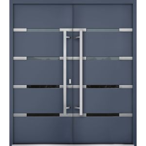 Front Exterior Prehung Steel Double Doors / Deux 1105 Gray Graphite / Stainless Inserts Single Modern Painted