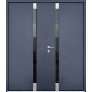 Front Exterior Prehung Steel Double Doors / Cynex 6777 Grey / Stainless Inserts Single Modern Painted