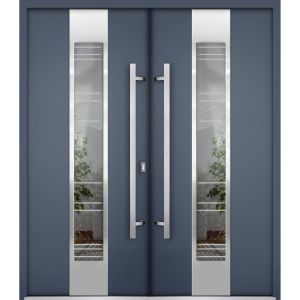 Front Exterior Prehung Steel Double Doors / Deux 5755 Gray Graphite / Stainless Inserts Single Modern Painted