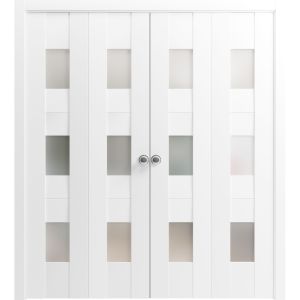 Sliding Closet Double Bi-fold Doors | Sete 6003 White Silk | Sturdy Tracks Moldings Trims Hardware Set | Wood Solid Bedroom Wardrobe Doors 