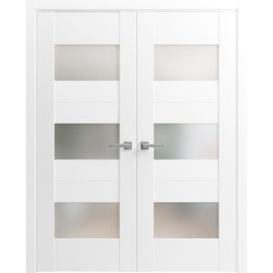 Solid French Double Doors Opaque Glass / Sete 6003 White Silk / Wood Solid Panel Frame / Closet Bedroom Modern Doors -36" x 80"