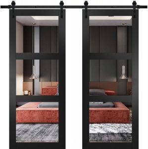 Sturdy Double Barn Door with | Lucia 2555 Matte Black with Clear Glass | 13FT Rail Hangers Heavy Set | Solid Panel Interior Doors
