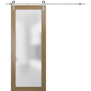 Sturdy Barn Door with Hardware | Planum 2102 Honey Ash with Frosted Glass | 6.6FT Rail Hangers Heavy Set | Modern Solid Panel Interior Doors