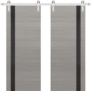Sturdy Double Barn Door | Planum 0040 Grey Ash with Black Glass | Silver 13FT Rail Hangers Heavy Set | Solid Panel Interior Doors