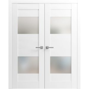 Solid French Double Doors Opaque Glass 2 Lites / Sete 6222 White Silk / Wood Solid Panel Frame / Closet Bedroom Modern Doors -36" x 80"