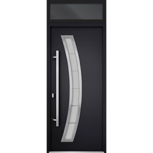 Front Exterior Prehung Steel Door / Deux 6500 Black / Transom Window / Stainless Inserts Single Modern Painted-W36" x H80+16"-Right-hand Inswing