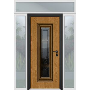 Front Exterior Prehung Steel Door / Ballucio 6644 Natural Oak / 2 Side and Top Exterior Window Sidelite / Entry Metal Modern Painted W12+36+12" x H80+16" Left hand Inswing