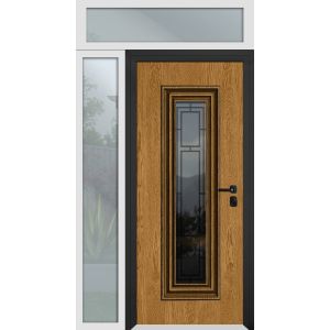 Front Exterior Prehung Steel Door / Ballucio 6644 Natural Oak / Side and Top Exterior Window Sidelite / Entry Metal Modern Painted W36+12" x H80+16" Left hand Inswing