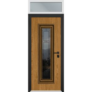Front Exterior Prehung Steel Door / Ballucio 6644 Natural Oak / Top Exterior Window Sidelite / Entry Metal Modern Painted W36" x H80+16" Left hand Inswing