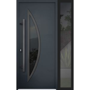 Front Exterior Prehung Steel Door / Deux 6501 Black / Sidelight Exterior Window /  Stainless Inserts Single Modern Painted-W36+12" x H80"-Right-hand Inswing