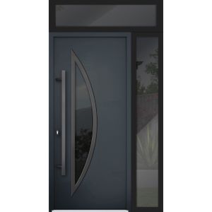 Front Exterior Prehung Steel Door / Deux 6501 Black / Sidelight and Transom Window / Stainless Inserts Single Modern Painted-W36+12" x H80+16"-Right-hand Inswing