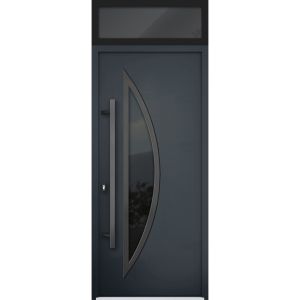 Front Exterior Prehung Steel Door / Deux 6501 Black / Transom Window / Stainless Inserts Single Modern Painted-W36" x H80+16"-Right-hand Inswing