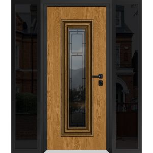 Front Exterior Prehung Steel Door / Ballucio 6644 Natural Oak / Black 2 Side Exterior Windows Sidelites/ Entry Metal Modern Painted W12+36+12" x H80" Left hand Inswing